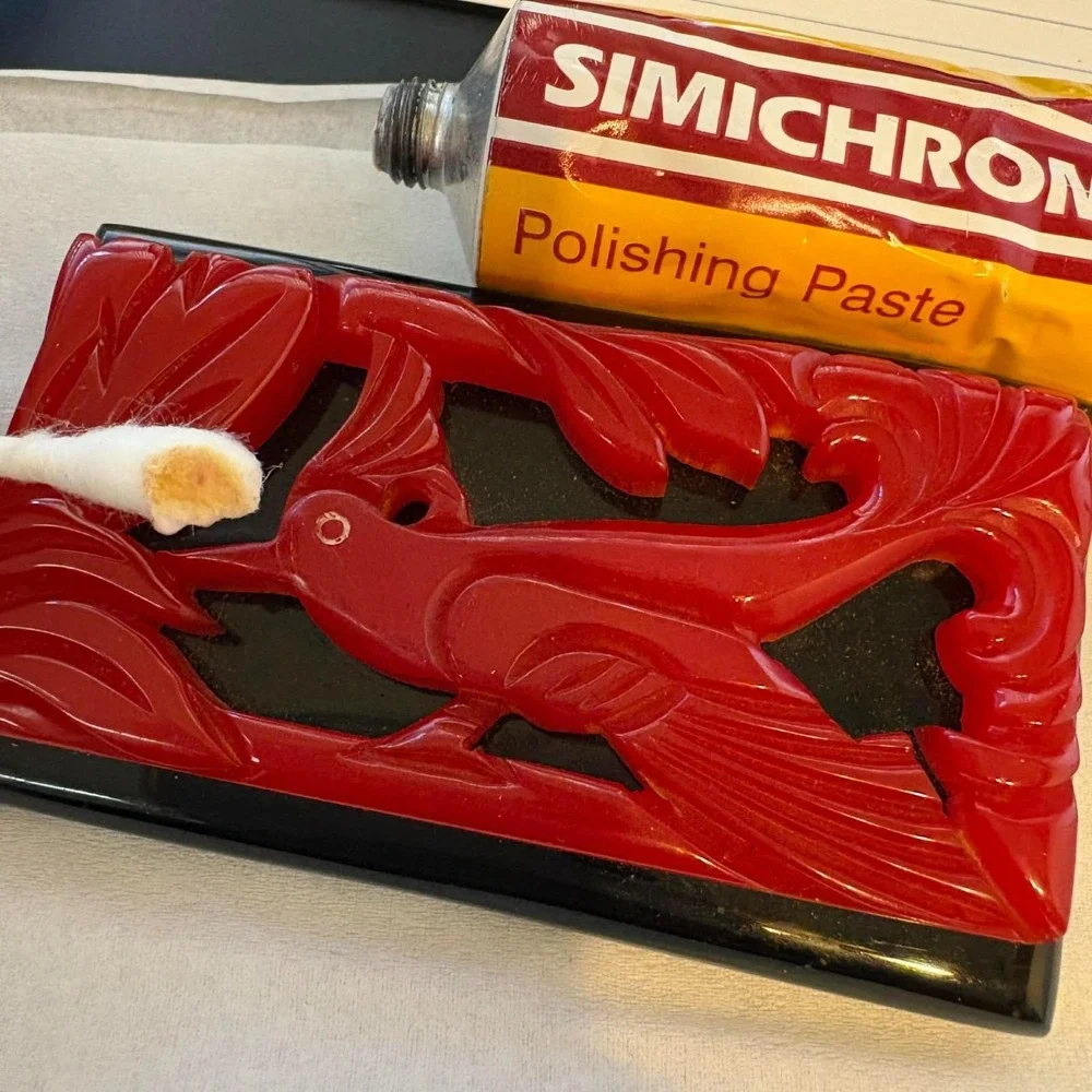 Vintage Carved Red Bakelite Brooch Bird Red Black Laminated Chunky Gorgeous!